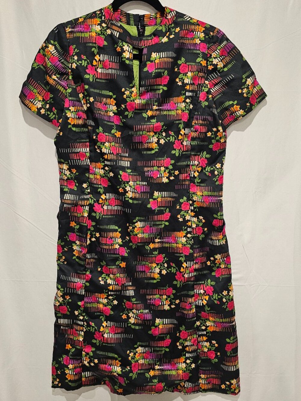 Vintage 70s ILGWU Tri Color Belted Midi Dress Mock Collar Women's See Measure